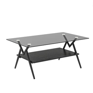 Modern Rectangle Coffee Table with Tempered Glass Top and Black MDF Shelf, Gray