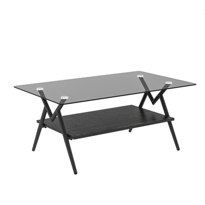 Modern Rectangle Coffee Table with Tempered Glass Top and Black MDF Shelf, Gray